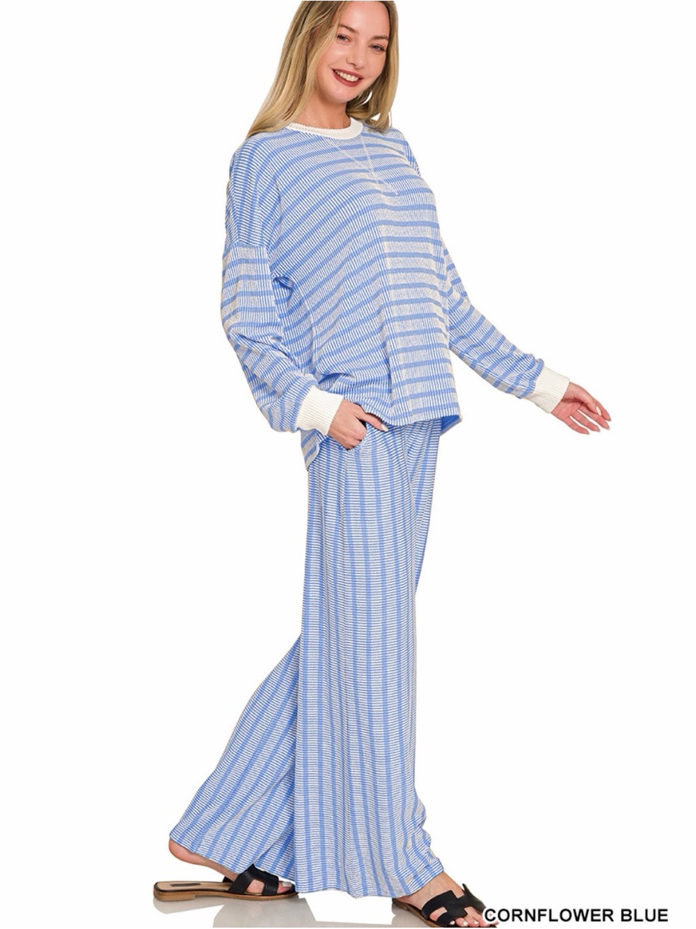 Zenana Cornflower Blue Striped 2 Piece Sweater Wide Leg Pants Matching Set